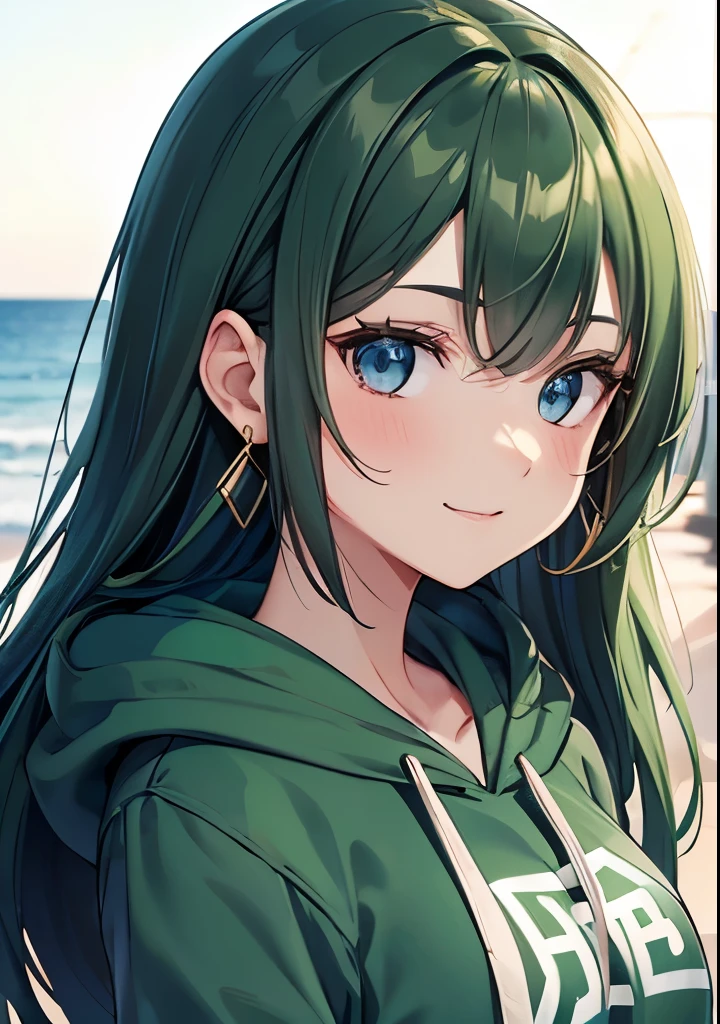 Voluminous dark green hair, front view, upper body visible, dark dark green hair colour emphasis, long straight hair, large droopy eyes, blue eyes, kind young pretty face, kind droopy eyes, wearing green hoodie, hoodie pattern is numbers, sign in background with GO and 5 written on it, shy, smiling without opening her mouth, gold earrings in the shape of the number 5, gold hair clip, sparkling eyes, walking on beach, focus on face, fresh smile, green floral patterned hoodie, in dark room, high quality, gold number 5 earrings, droopy eyes, blue eyes, close-up of face, Small breasts, Both hands, Shadowless background, High quality, Focus on the face.