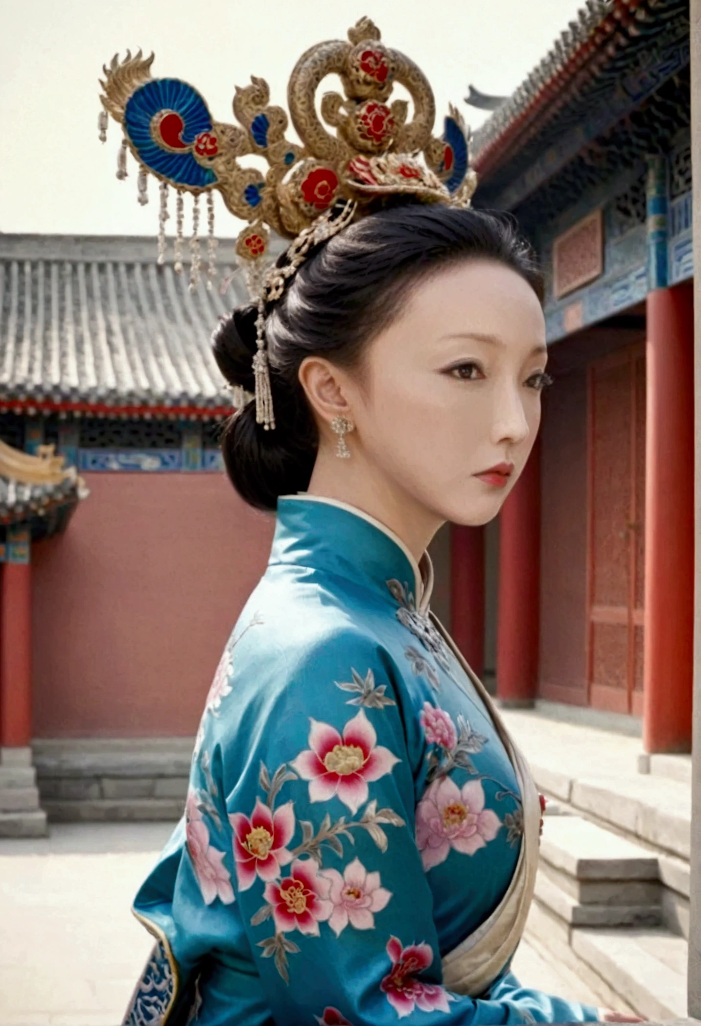 Qing dynasty empress naked and slightly busty, posing on all fours, buttocks protruding from profile, background outside Qing dynasty palace