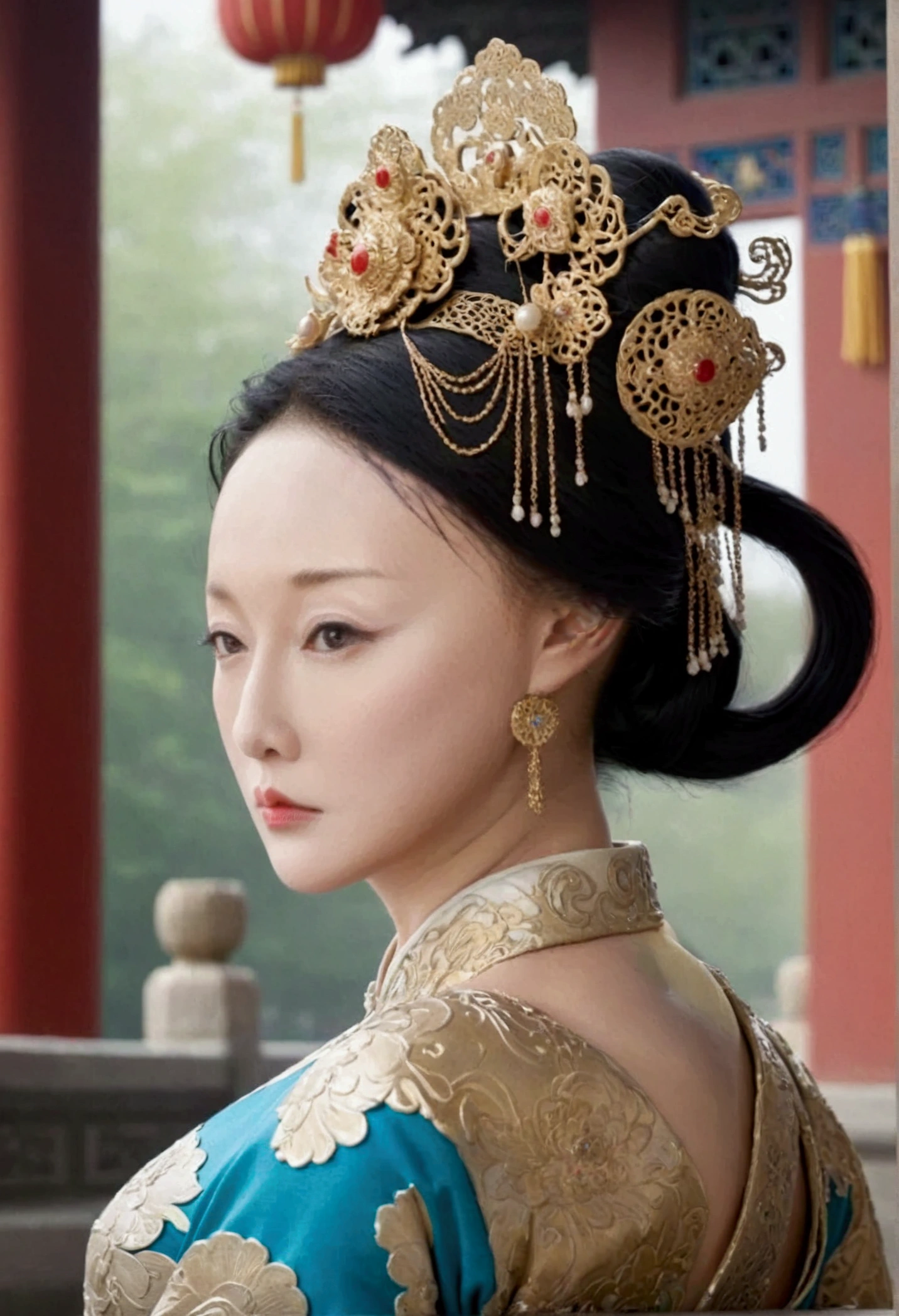 Qing dynasty empress naked and slightly busty, posing on all fours, buttocks protruding from profile, background outside Qing dynasty palace