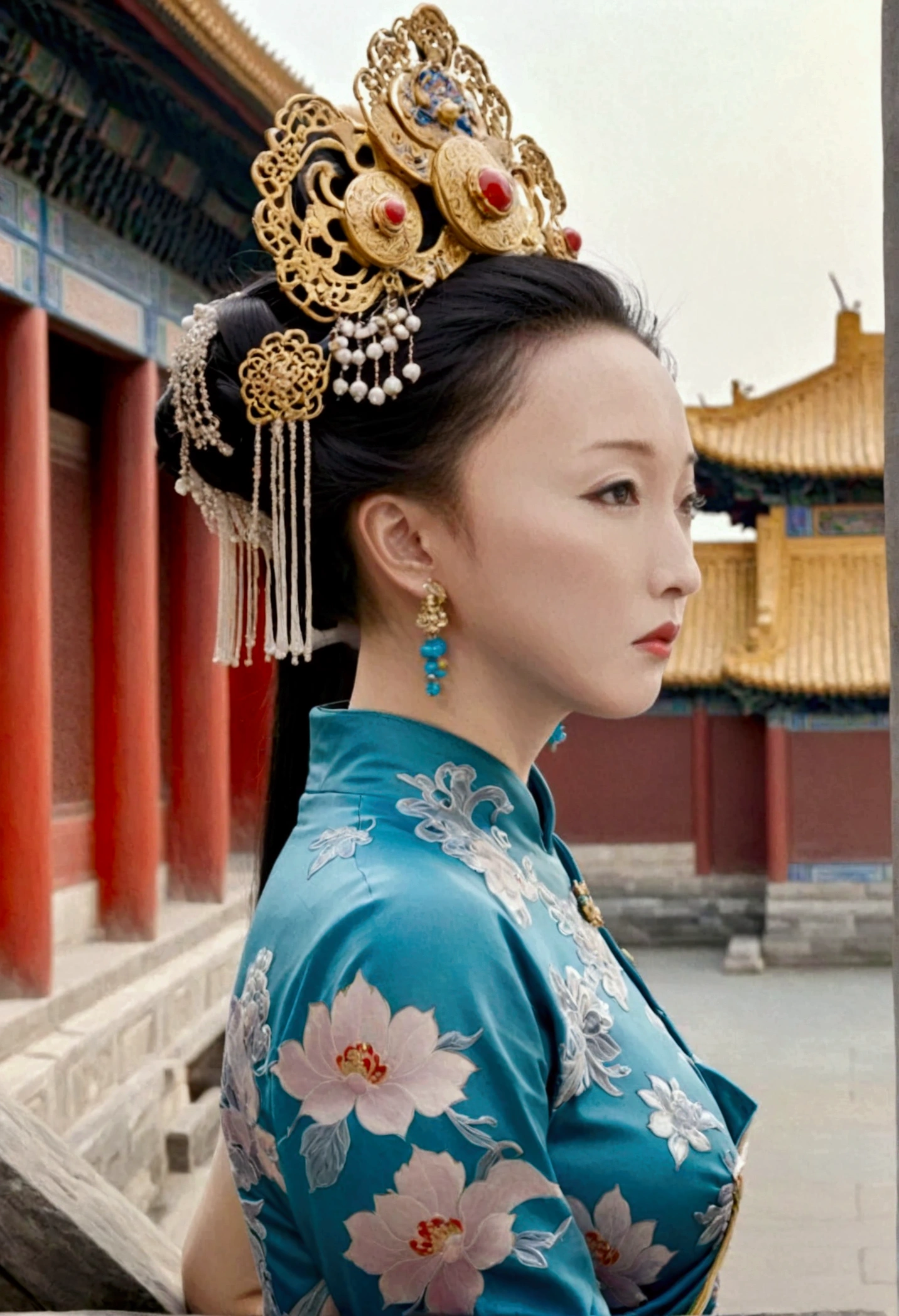 Qing dynasty empress naked and slightly busty, posing on all fours, buttocks protruding from profile, background outside Qing dynasty palace