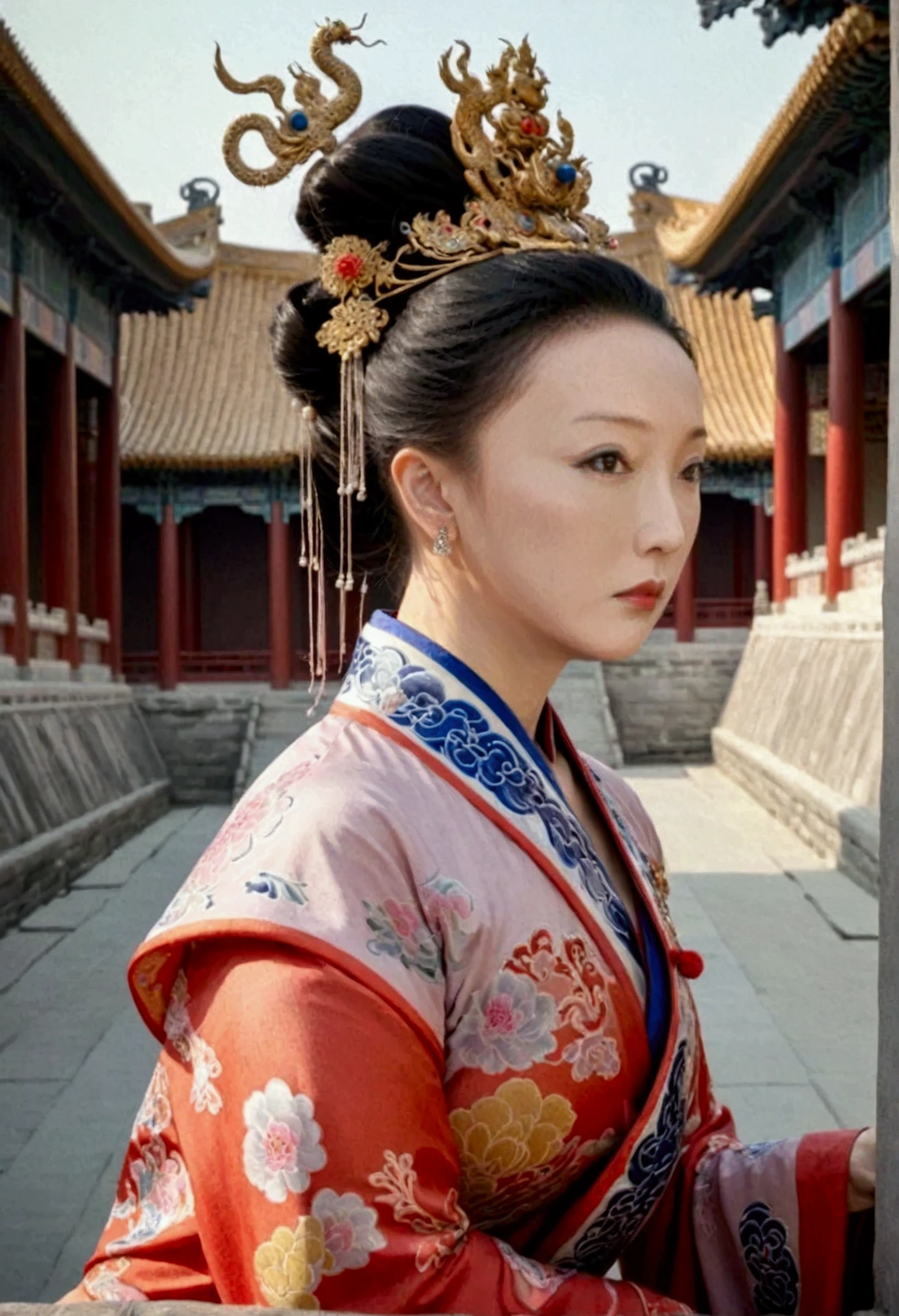 Qing dynasty empress naked and slightly busty, posing on all fours, buttocks protruding from profile, background outside Qing dynasty palace