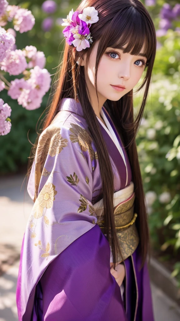 Spiritual 1 person, Facing forward、Bronze Hair、Shortcuts, kimono、Purple eyes, Hair Flower, Sparkle Effect,