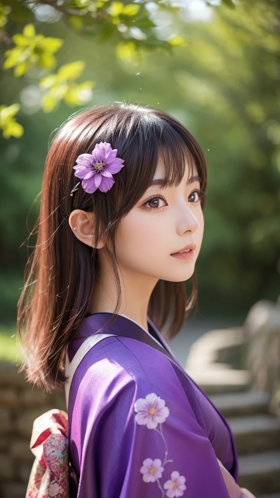 Spiritual 1 person, Facing forward、Bronze Hair、Shortcuts, kimono、Purple eyes, Hair Flower, Sparkle Effect,