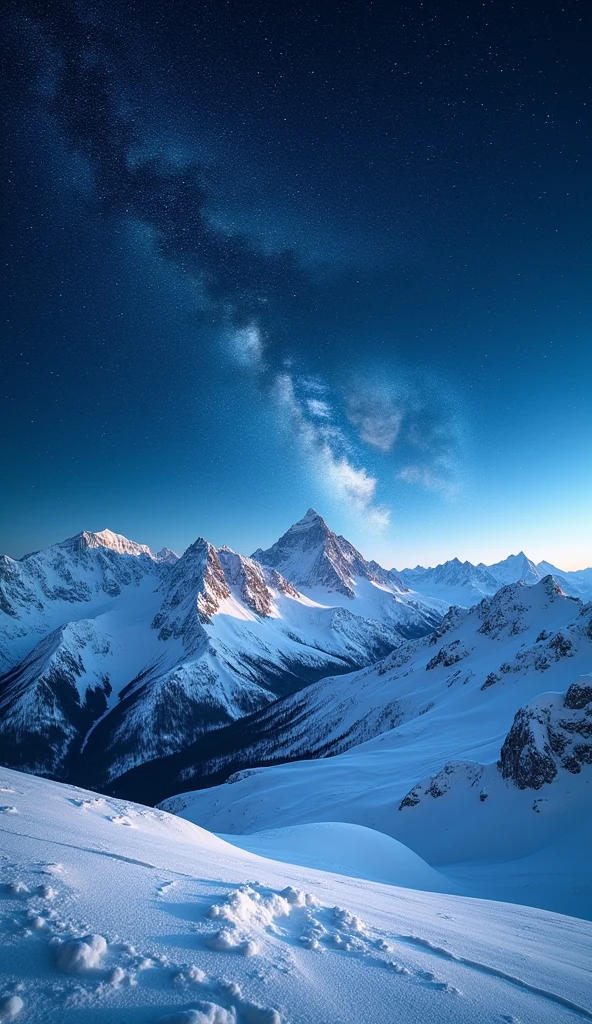 A stunning night scene of snow-covered mountain ranges, with the peaks glistening under a blanket of snow. The sky above is filled with countless stars, shining brightly against the dark, clear night. The contrast between the white snow and the deep blue night sky creates a striking visual, with the Milky Way visible across the horizon. The scene is serene and majestic, capturing the tranquility of a winter night in the mountains. 4k.
