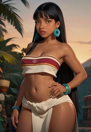 Chel ,from the road to el dorado, an aboriginal girl with a beautiful brown skin, long black hair with bangs, large and expressive eyes , large breasts and large wide hips and thin waist, type of colors and loincloth typical of pre-Hispanic cultures and, wild nature, extreme sensuality,