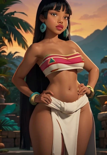 Chel ,from the road to el dorado, an aboriginal girl with a beautiful brown skin, long black hair with bangs, large and expressive eyes , large breasts and large wide hips and thin waist, type of colors and loincloth typical of pre-Hispanic cultures and, wild nature, extreme sensuality, 