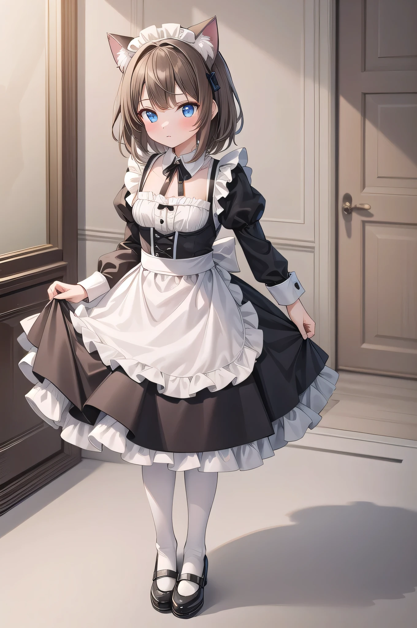 Solo Girl, 20-year-old,Medium Hair, Light brown hair, Mid-chest, highest quality, High resolution, Very detailed, Detailed Background, Perfect lighting、Extreme maid outfit、very cute, Blue eyes, a pair of cat ears, Blush, white silk socks, Black pantyhose, Stretch your foot over