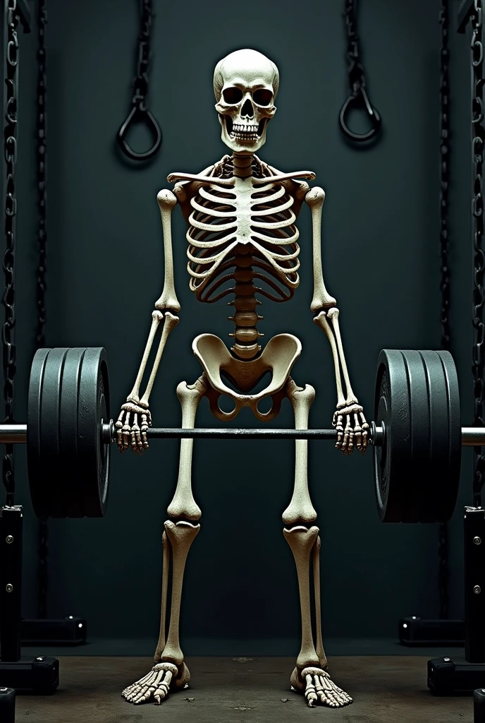 Create an image of a skeleton with a weight on top lifting 100Kg per side and with the text 'Levantando fierro por que culos ni uno' above it. 