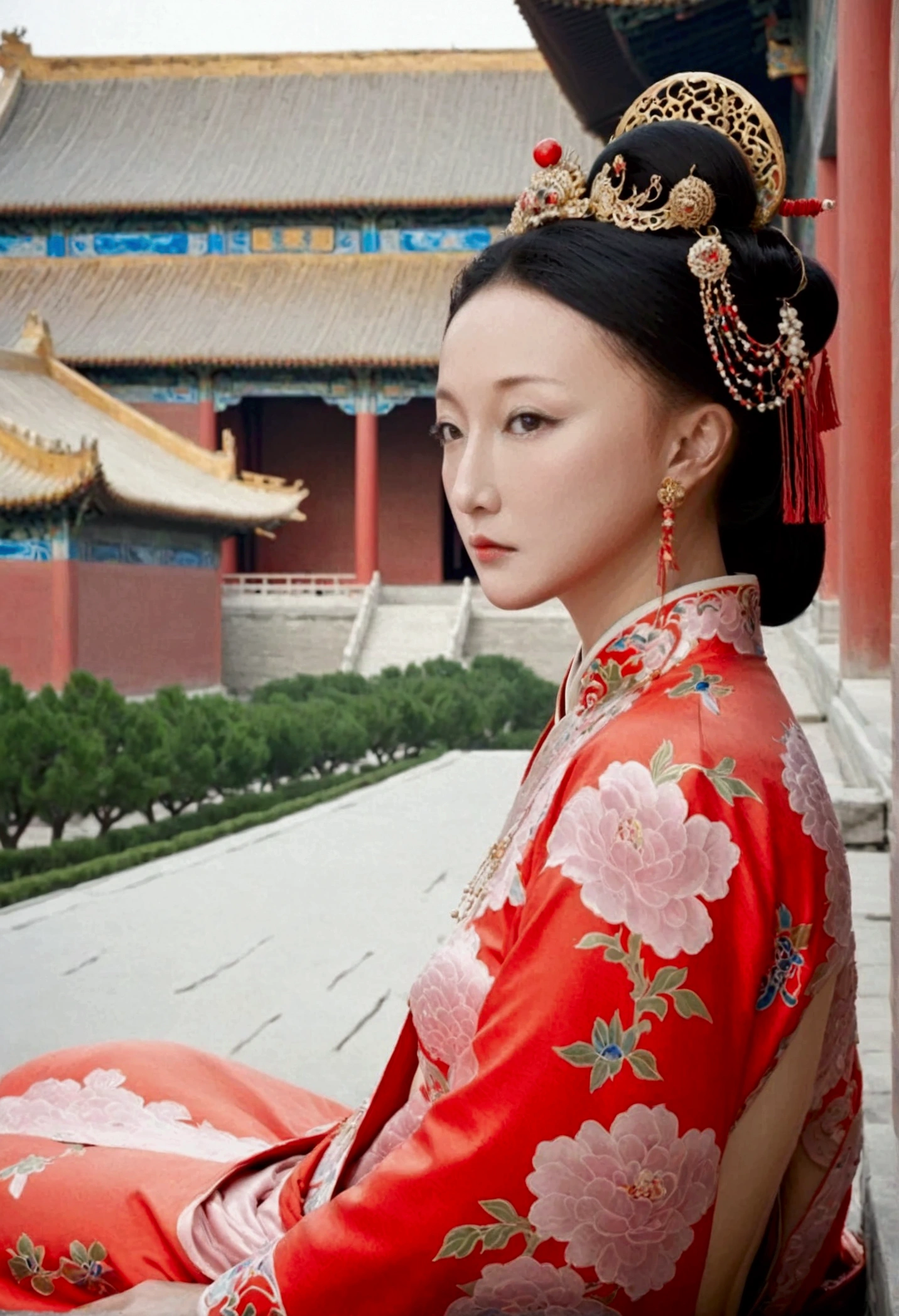 Qing dynasty empress naked and slightly busty, posing on all fours, buttocks protruding from profile, background outside Qing dynasty palace