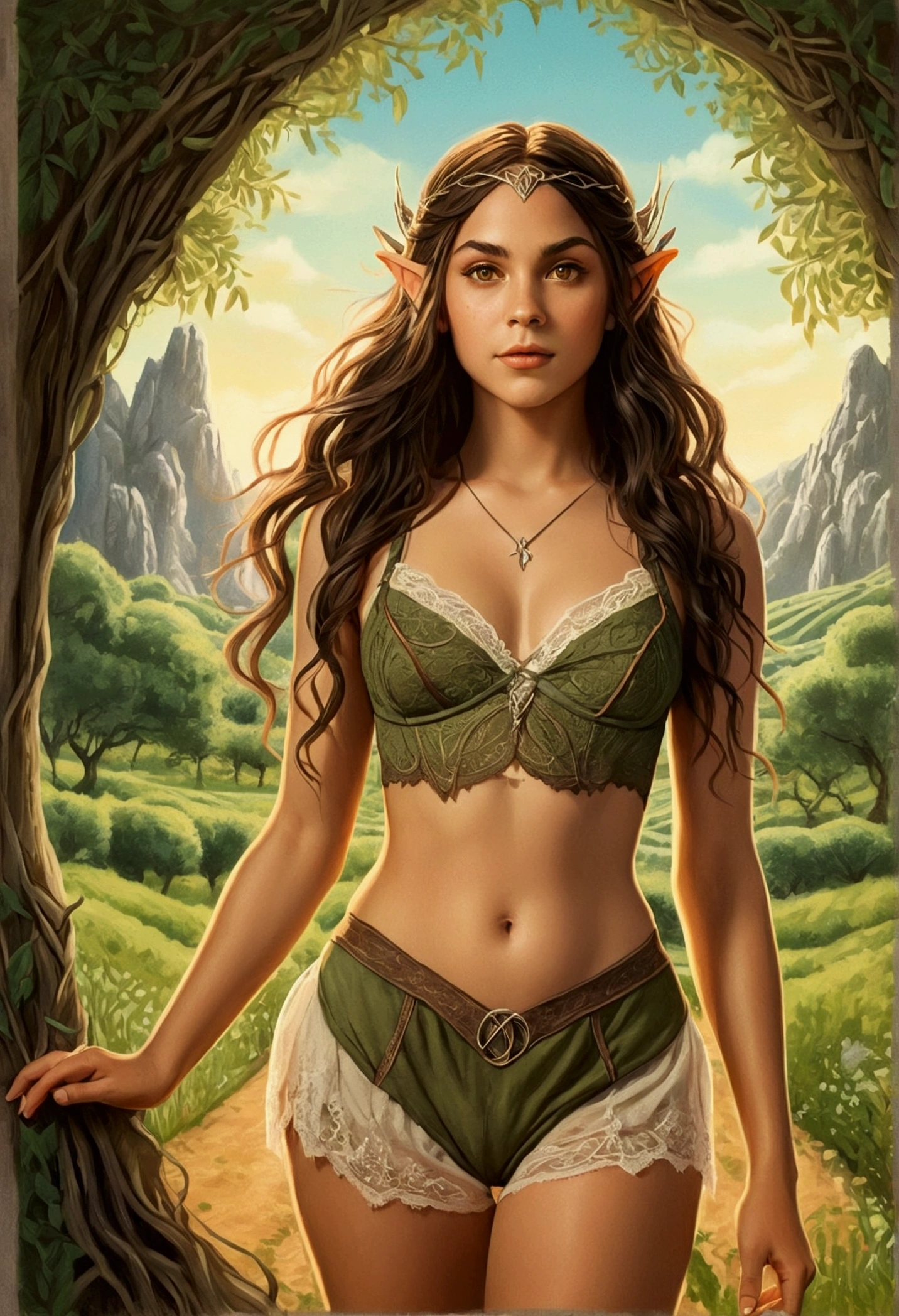 An illustrated movie poster, hand-drawn, full color, a age elven girl, wearing a lace bralette and bloomer shorts, toned, voluptuous hourglass figure, long pointy elf ears, amber eyes, dark hair, long messy waves, deep sun-tanned skintone, freckles, standing in a sunny olive grove, graphite shading, stencil marks, airbrushed acrylic paint, masterpiece, in the style of the Lord of the Rings