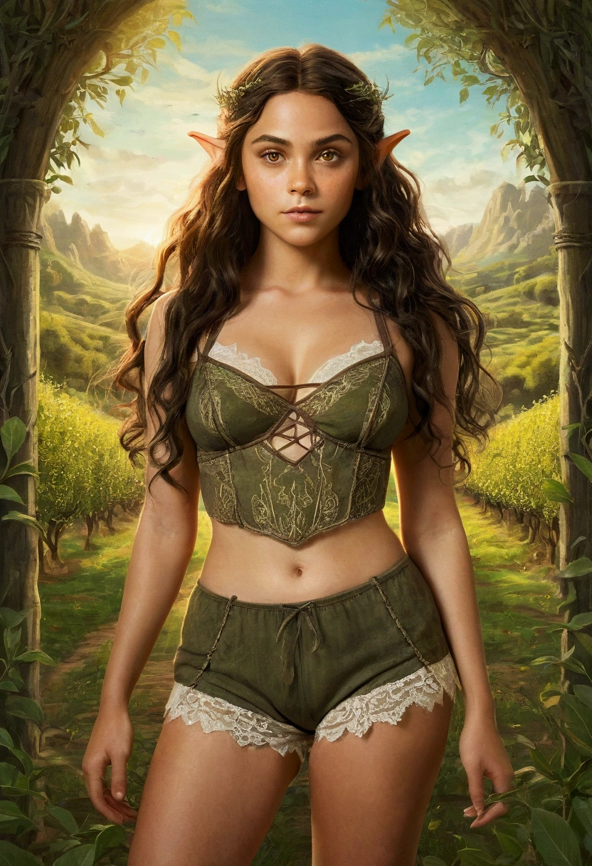 An illustrated movie poster, hand-drawn, full color, a age elven girl, wearing a lace bralette and bloomer shorts, toned, voluptuous hourglass figure, long pointy elf ears, amber eyes, dark hair, long messy waves, deep sun-tanned skintone, freckles, standing in a sunny olive grove, graphite shading, stencil marks, airbrushed acrylic paint, masterpiece, in the style of the Lord of the Rings