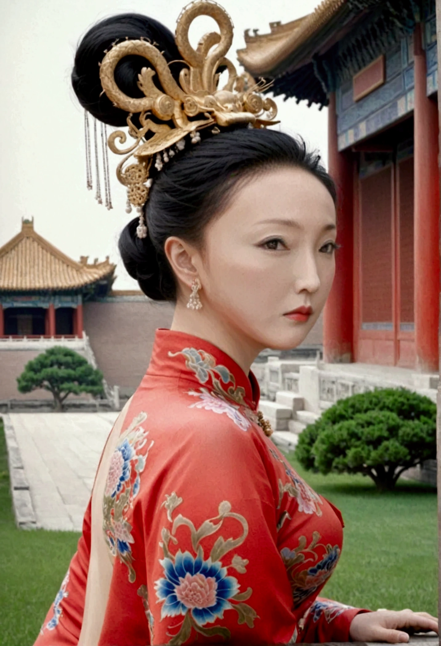 Qing dynasty empress naked and slightly busty, posing on all fours, buttocks protruding from profile, background outside Qing dynasty palace
