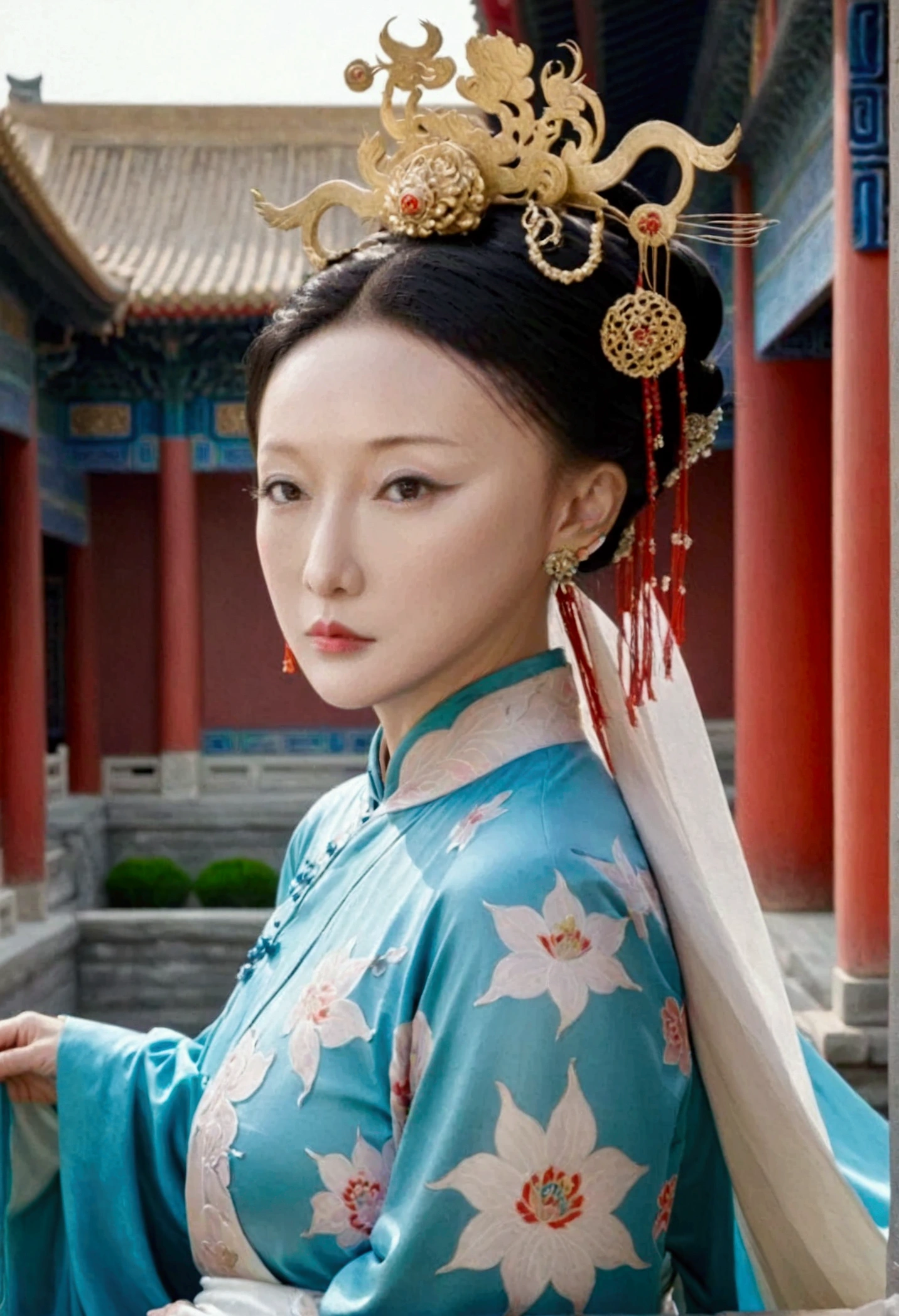 Qing dynasty empress naked and slightly busty, posing on all fours, buttocks protruding from profile, background outside Qing dynasty palace