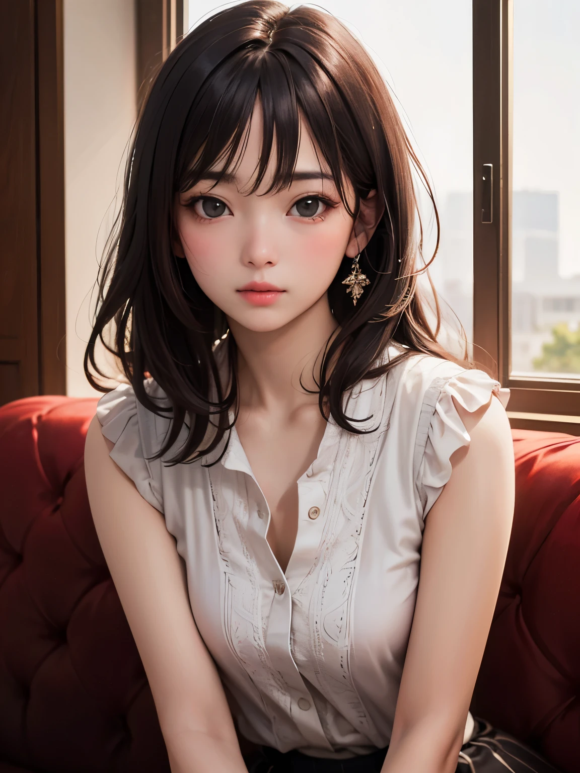 Highest quality, masterpiece, Ultra-high resolution, (Realistic: 1.4), RAW Photos, one person's, Off the shoulder, Cinema Lighting, Kiss pose, Heterochromia iridis, Gray Hair, Gray Hair