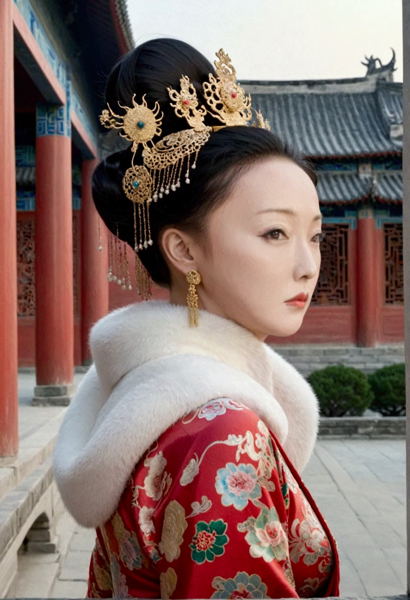 Qing dynasty empress naked and slightly busty, posing on all fours, buttocks protruding from profile, background outside Qing dynasty palace