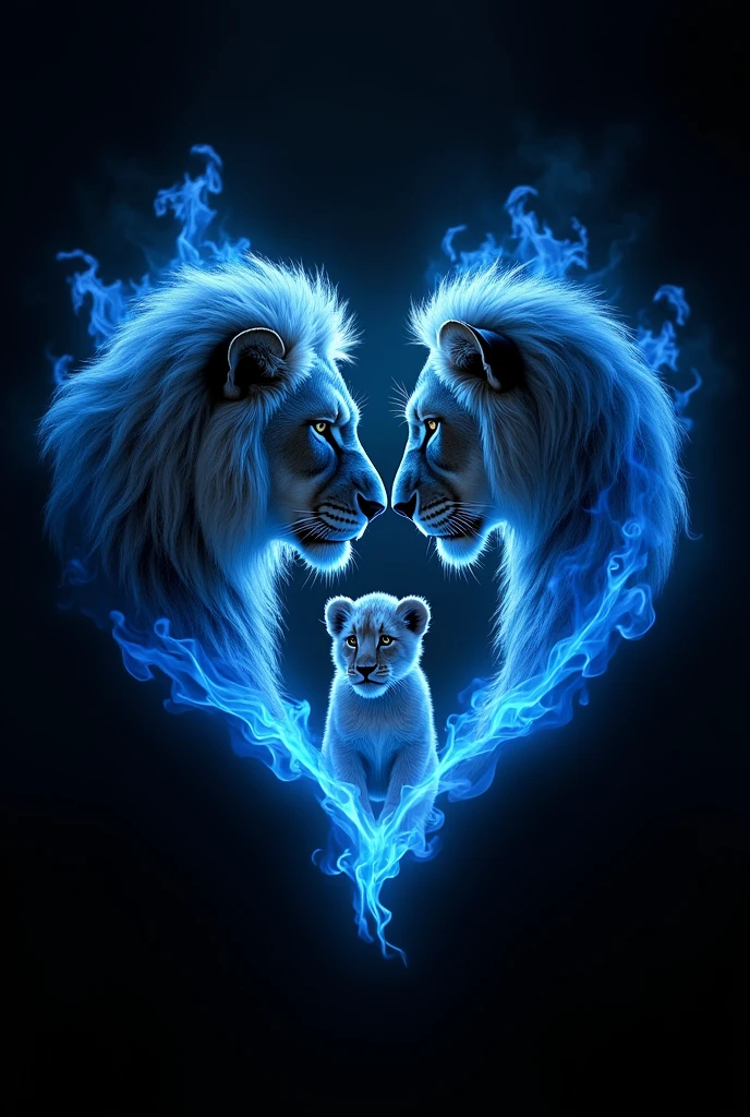 The head of a lion and the head of a lioness are in profile forming a blue fire heart and in the middle of them is a lion cub. The background of the image is black and the heart image is bright dark blue 