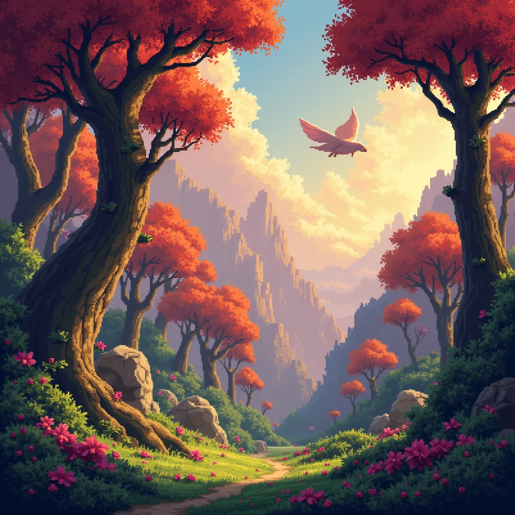 Generate for me a fantasy world landscape wallpaper composed of forests, trees and mythical creatures like monsters and fantasy beings made of pixels.