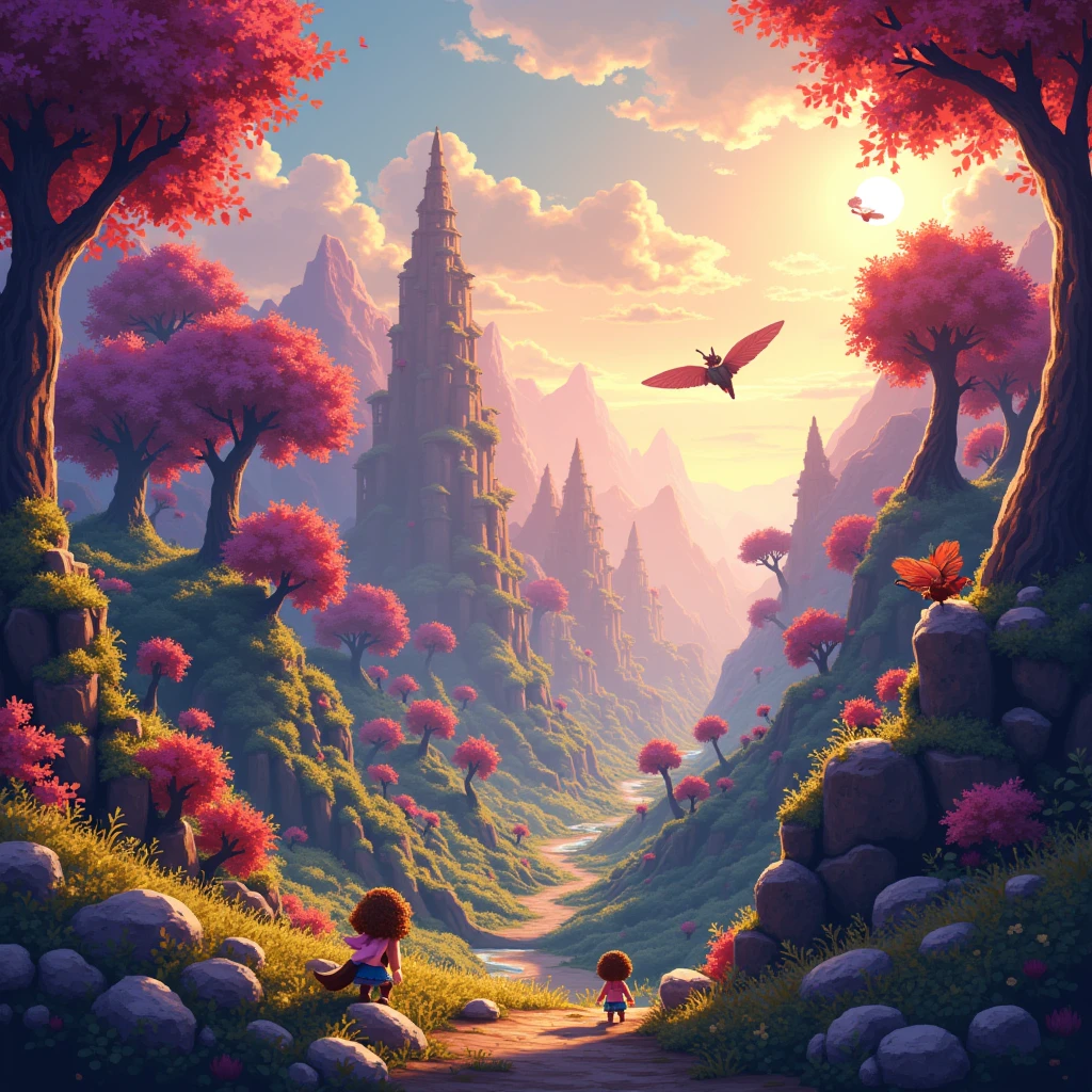 Generate for me a fantasy world landscape wallpaper composed of forests, trees and mythical creatures like monsters and fantasy beings made of pixels.