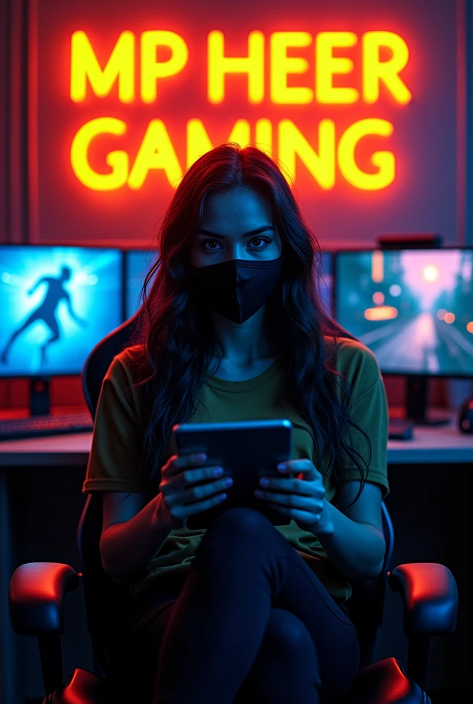 Create a digital illustration of a young woman sitting in a modern gaming setup. The woman has long, wavy dark hair and is wearing a black face mask. She is seated in a professional gaming chair, holding a tablet. The background features a dimly lit room with a neon sign that reads 'MP HEER GAMING' in glowing YELLOW text. Text must be clear in view , The room also has gaming monitors displaying a game, with LED lights adding a colorful glow to the scene. The overall atmosphere should be tech-savvy and cozy, with a straight pose looking at me , women must be highlighted and brighter than background , wide camera view 