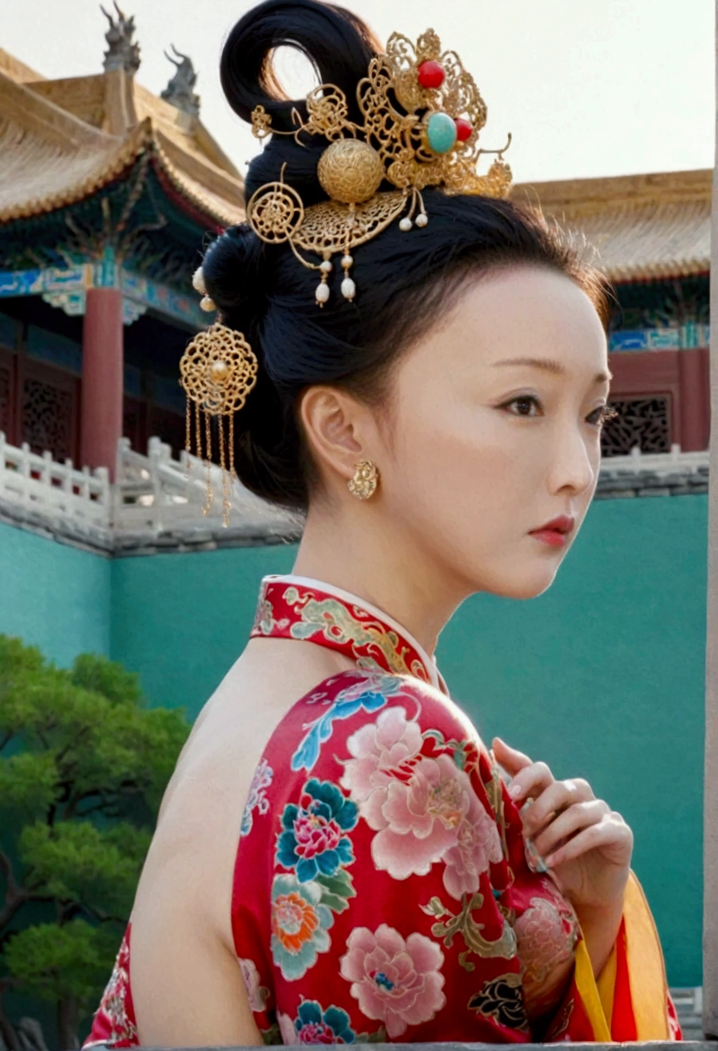 Qing dynasty empress naked and slightly busty, posing on all fours, buttocks protruding from profile, background outside Qing dynasty palace