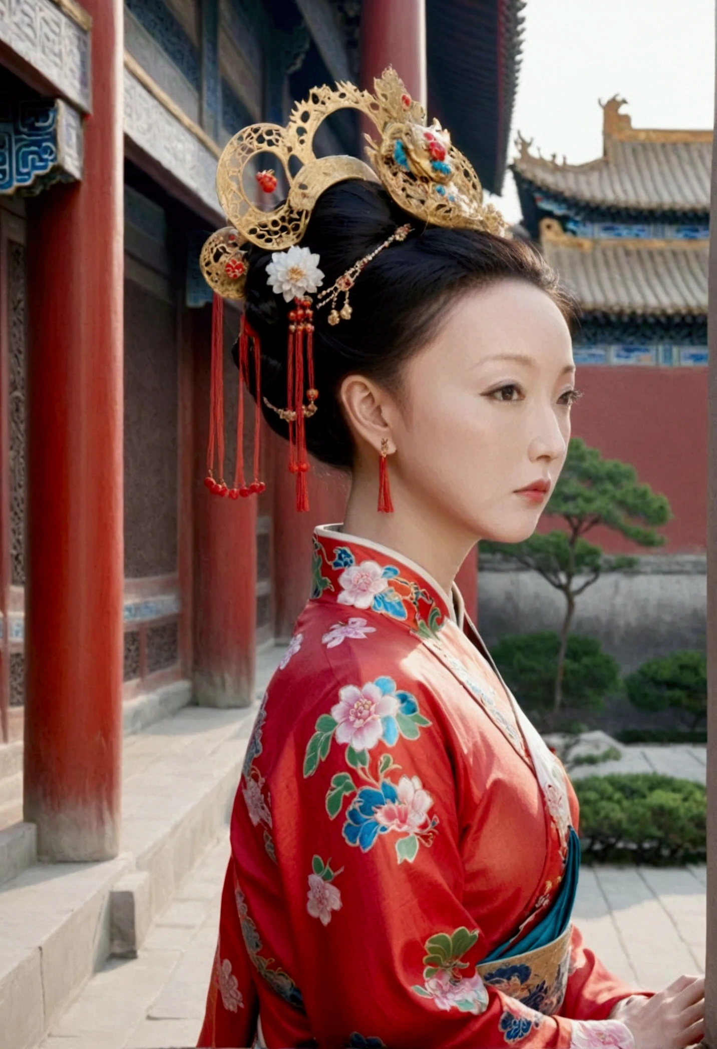 Qing dynasty empress naked and slightly busty, posing on all fours, buttocks protruding from profile, background outside Qing dynasty palace