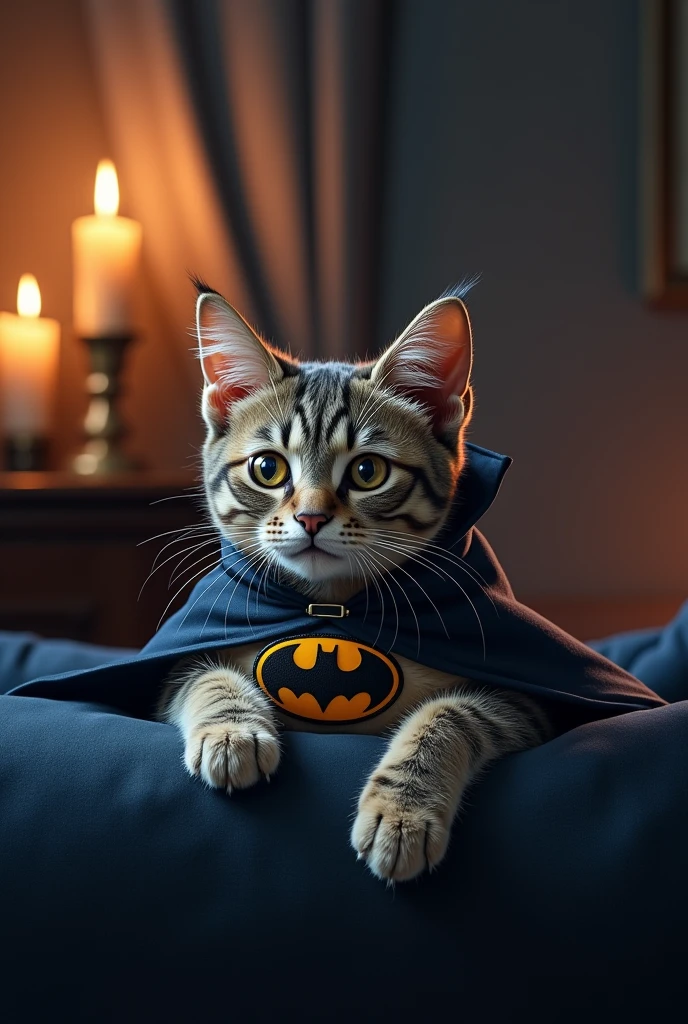 Make me a cat(animal) riven, lying down in batman clothes