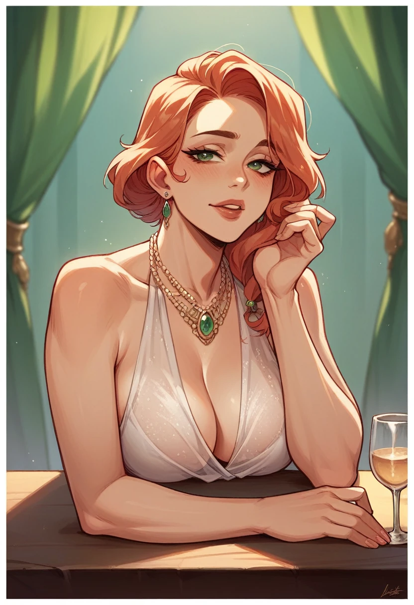 a woman with her hands on the table, resting her face on her arms, You can see the garlic and an elegant, seductive look, seen very closely with realism style