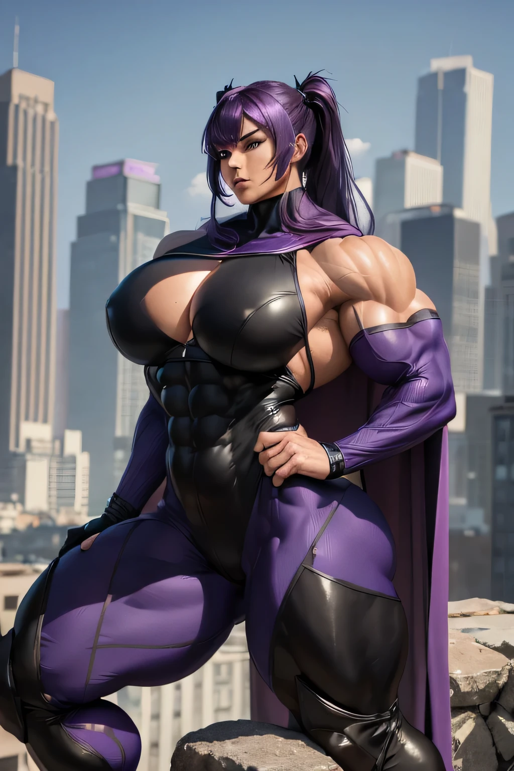 ((((Massive, beautiful, buff, skinned muscular woman with violet hair, ginormous, bulky muscles, wearing a black and violet Bodysuit with cape and pants)))), vascular body, massive muscle, ((massive biceps)), hyper muscle triceps, (long straight twin tails), black eyes, violet high heels boots, violet gloves and spiked gauntlets, rooftop, evening, smirk, hyper muscles arms, hyper muscle legs, massively buff arms.