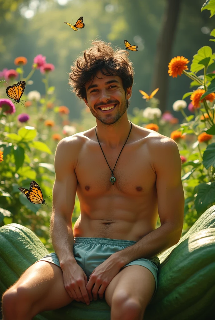 Attractive young man in boxers with a pleased face sitting on a cucumber
