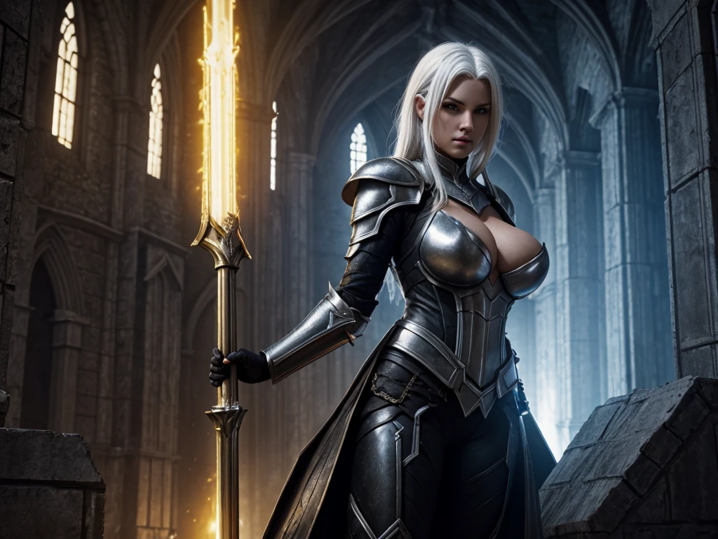 Woman, White Hair, Full Armor, Dark Clothing, Dark Environment, Castle, Dark Fantasy, Yellow Lighting, Epic, 4k, High Resolution, Ambient Occlusion, Tall Woman, 250cm Tall, Big Breasts, Sexy, Pose, Concept Art