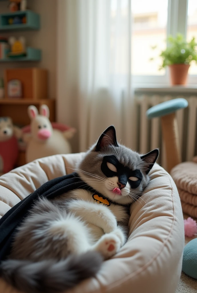 Make me a cat (animal) lying down with his tongue sticking out wearing a Batman costume, in a room with short fur, sleeping with the Batman mask on