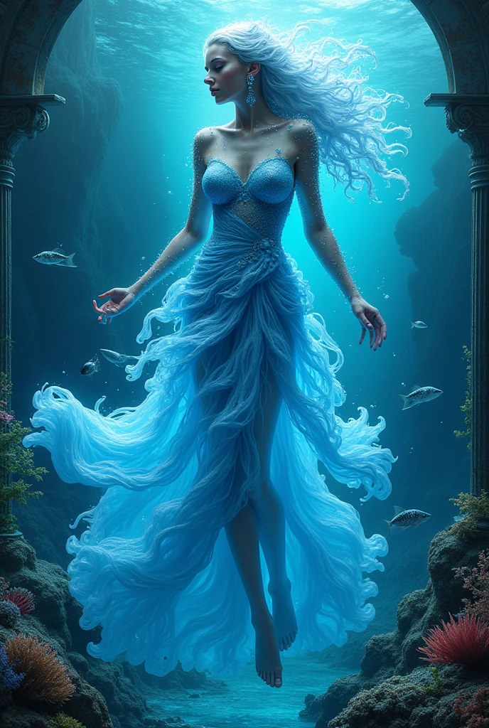 (Goddess of Water:1.4),( (body composed entirely of rich, flowing water elements:1.4)), (her form is both fluid and graceful, constantly shifting and shimmering like a crystal-clear river:1.2), (her hair cascades like a waterfall, sparkling with droplets of pure water:1.2), (her eyes are deep pools of serene blue, reflecting the infinite depths of the ocean:1.4), (she wears a gown made of mist and water, flowing around her like gentle waves:1.2), (small aquatic creatures, such as fish and seahorses, swim within her translucent form:1.2), (background features an ethereal underwater landscape with coral reefs, glowing bioluminescent plants, and ancient ruins:1.2), (perfect image quality:1.4), (detailed textures in her water-made body, capturing the fluidity and purity of water:1.2), (the overall image conveys a sense of calm, power, and the eternal flow of water in nature:1.4)
