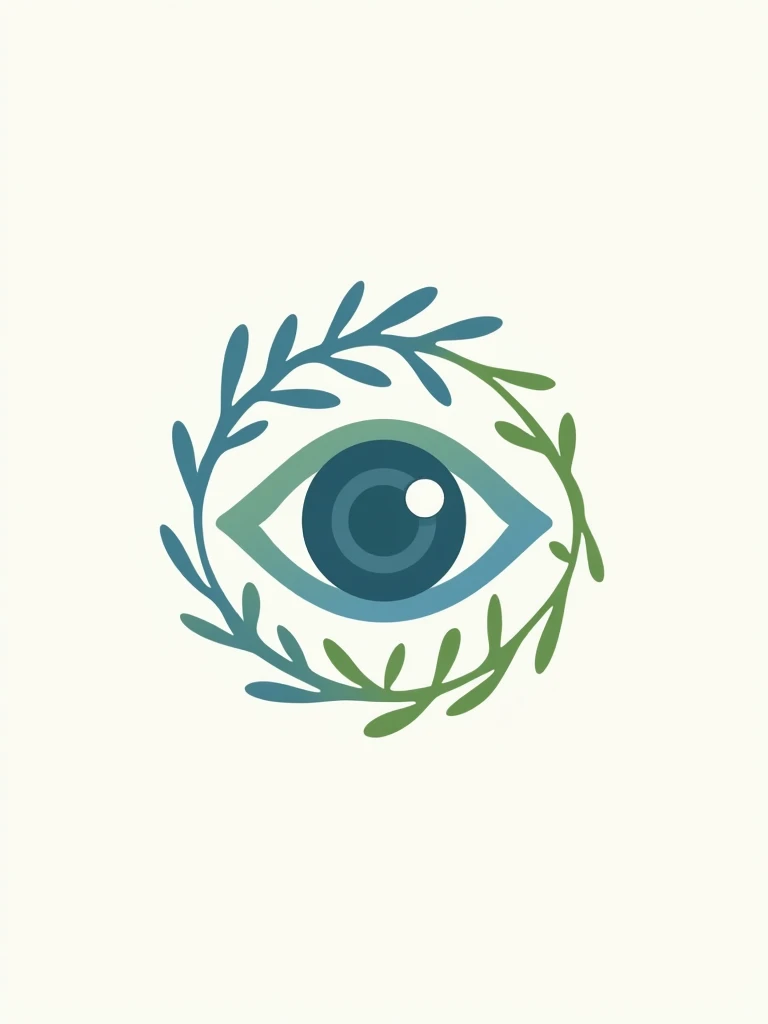 generate a minimalist logo combining a human eye, a camera lens, a tree branch, with a color palette of blue and greens.