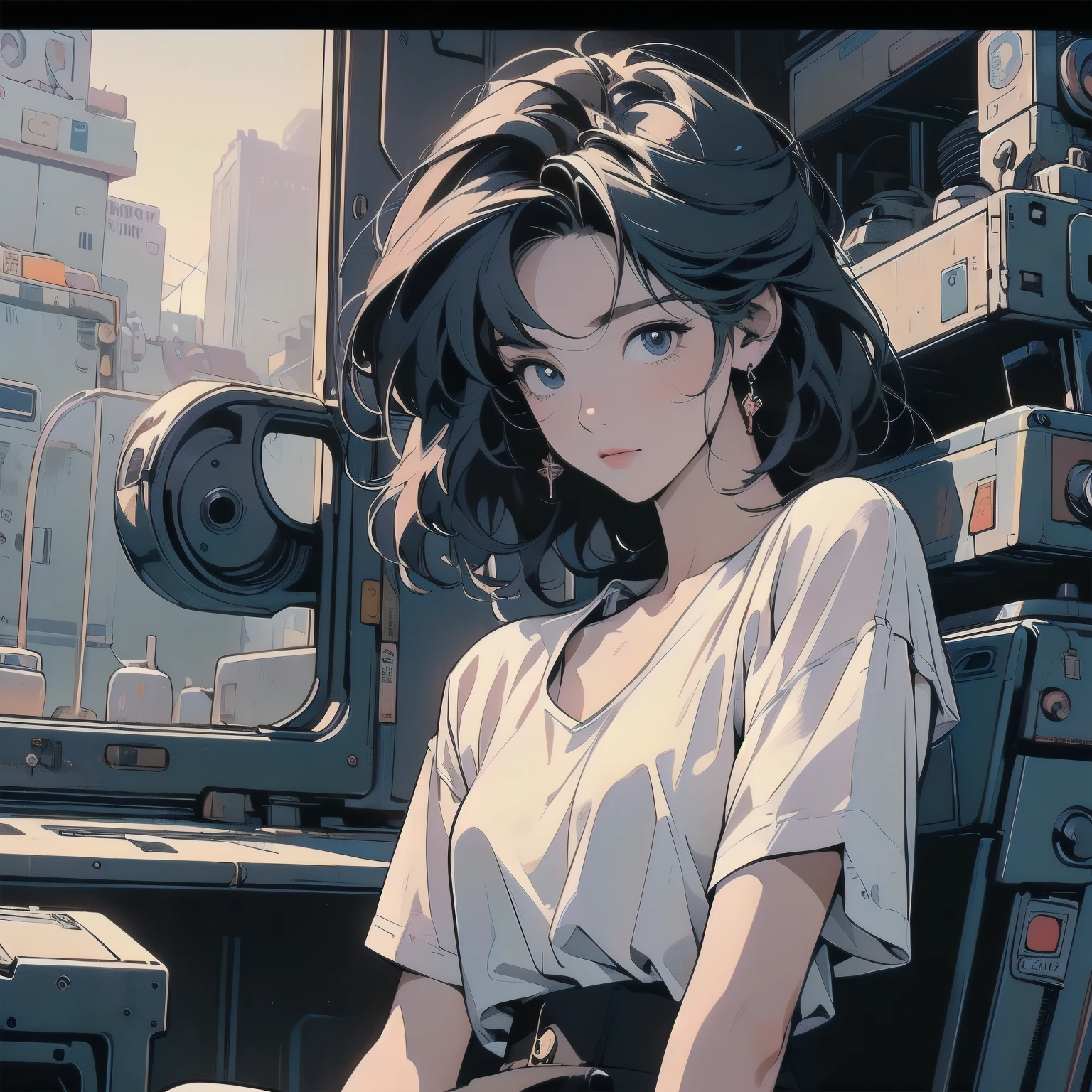 (((masterpiece, Highest quality)))、(((32K Wallpapers)))、The most detailed machine、(((The most complete and detailed colorfull futuristic machine and a woman)))、The most detailed background、(((Flat Chest)))、(((Surrounded by many complex, sophisticated, futuristic machines)))、head shot,((((more various angle))))、((Overall colorfully))、A perfect machine、(((Perfect Face)))、(((The most complete machine of the future)))、Detailed Hair、Trigun、Short sleeve white T-shirt、(((赤い髪)))
