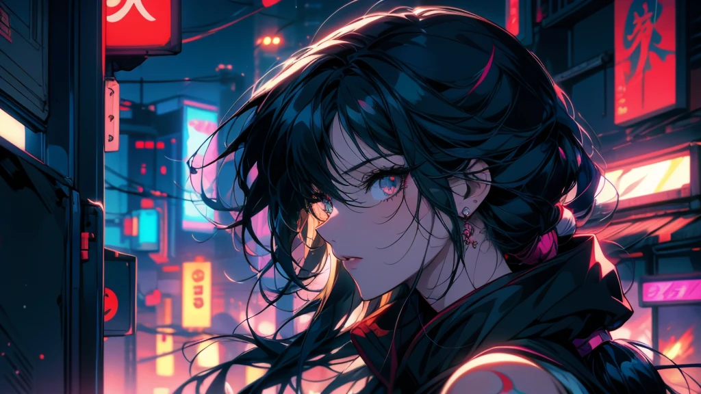An anime girl with black hair and tattoos is looking at the city., artwork in the style of Gwaiz, Cyberpunk Anime Girl, Gwaiz, Anime Style 4 k, Anime Girl Profile, Enchanting anime girl, Detailed portrait of an anime girl, Detailed digital anime art, Anime Style. 8k, female Cyberpunk Anime Girl, Anime portrait profile, Anime Styled digital art