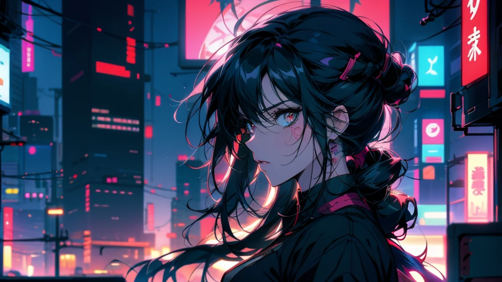An anime girl with black hair and tattoos is looking at the city., artwork in the style of Gwaiz, Cyberpunk Anime Girl, Gwaiz, Anime Style 4 k, Anime Girl Profile, Enchanting anime girl, Detailed portrait of an anime girl, Detailed digital anime art, Anime Style. 8k, female Cyberpunk Anime Girl, Anime portrait profile, Anime Styled digital art