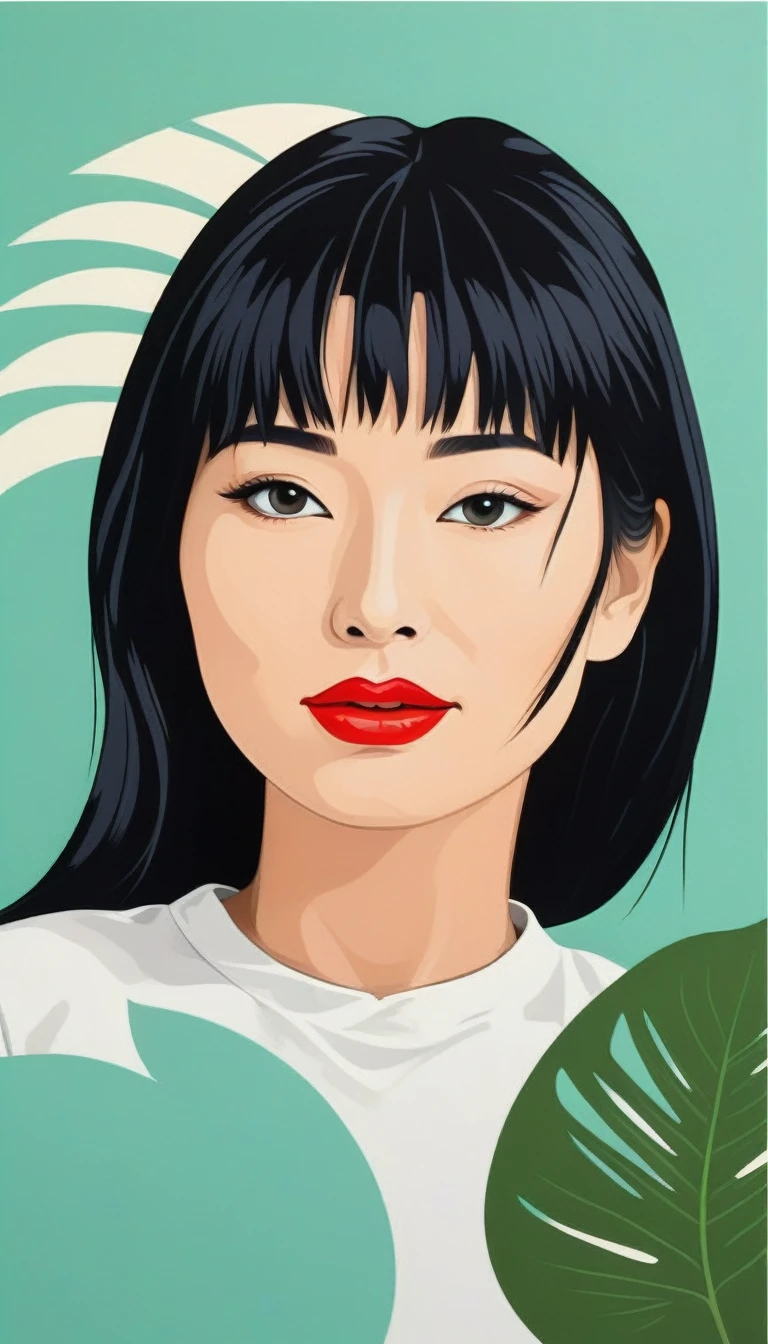 A modern beautiful minimalist abstract artwork Roy Lichtenstein style shows a Japanese female face in the shadow of a bright mint palmleaveand minimalist background, vector design, use bold pastel colors, poster,kodew