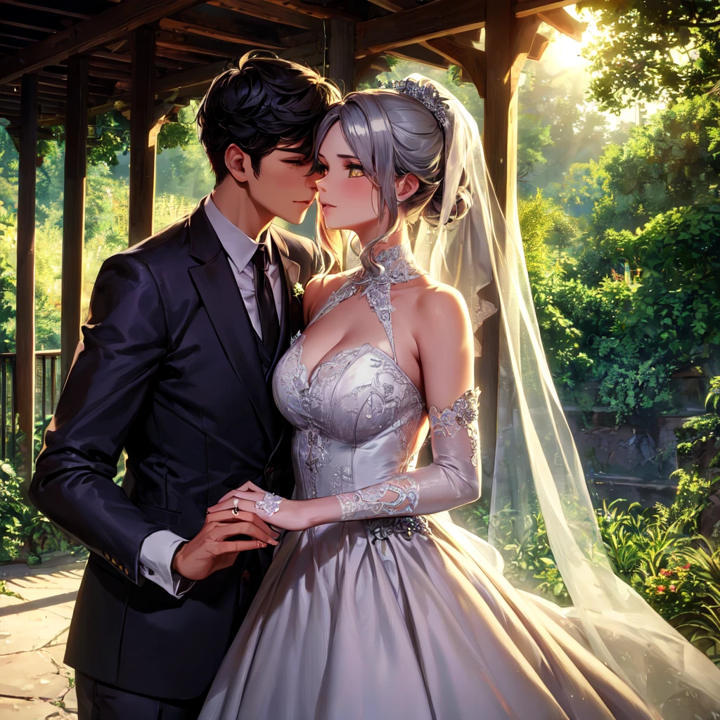 masterpiece, Best quality, masterpiece, Best quality, masterpiece, Best quality, masterpiece, Best quality, high quality, detail_skin, Beatifull_hair, detail_hair, Beatifull_hands, hands_detail, High detail, Ultra detail, HD, 4k, 4280x2240, depth field, (HDR:1.9), Correct anatomy, a masculine boy with short hair black hair abundant brown eyes with full wedding suit from groom to gentleman's suit and Palto flu pants and a girl with very long hair messy hair curly hair wavy hair (((silver hair))) high ponytail with yellow eyes in wedding dress, Dream wedding dress. love. Hand in hand looking at the New Year's sunset sunrise while kissing at church wedding with wedding rings on boy finger and wedding rings on girl finger and smiles, detail, ultra-detail, correct_position, correct_texture, correct_colors, correct_shading, correct_cgi, correct_body, correct_anatomy, correct_proportion, (correct_complete_body), source_anime,score_6_up,score_7_up,score_8_up,score_9, (Beautiful eyes), (detail_eyes), Eyesclothing cutout, veil,see-through,wide sleeves, white leotard,long sleeves,frilled sleeves,frills,bridal veil, Detailedface, artist(ReDrop), Romántica style sleve, EasyNegative_pt , beatifull_detail,