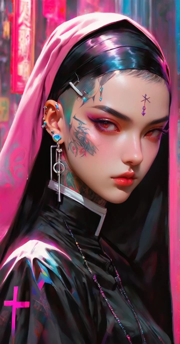 a close up of a person with tattoos ,nun, cyberpunk art inspired by Yanjun Cheng, nun, earrings and ear piercing, vibrant colors, saturation ,look at spectator, crazy face pose,neo,nun cyberpunk style,
