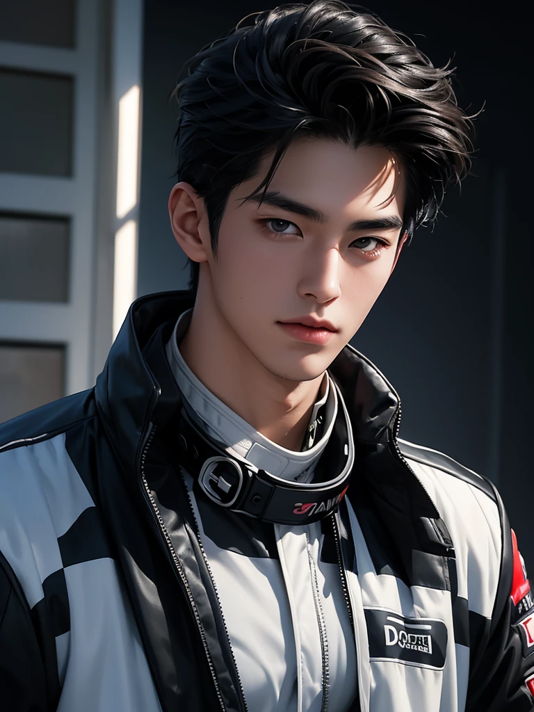 Cinematic Photo of a handsome japanese men 25-30 y.o fashion model, medium black hair. He is doctor. He is a F1 racer.Background F1 racing track！ He put on his F1 suit
