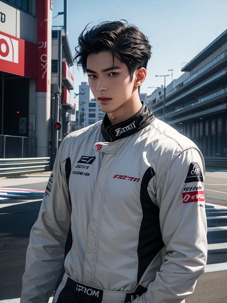 Cinematic Photo of a handsome japanese men 25-30 y.o fashion model, medium black hair. He is doctor. He is a F1 racer.Background F1 racing track! He put on his F1 suit