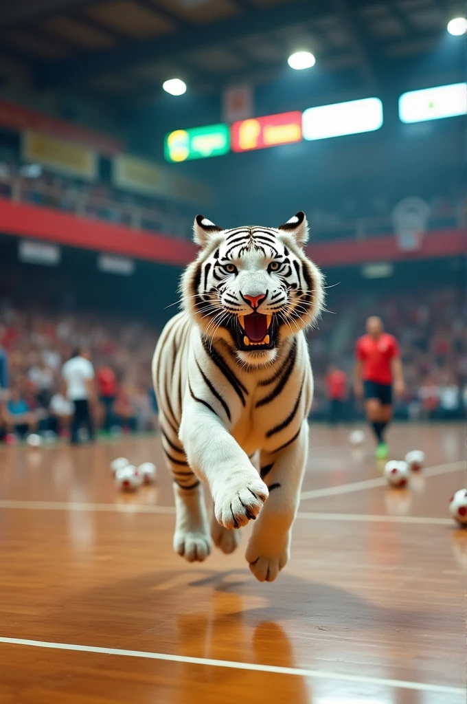 Happy white tiger on futsal court
