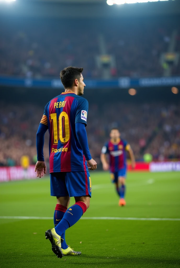 I would like an image of the classic Barcelona vs Madrid where Madrid wins 3-0 and Pedri comes on as a substitute eager to turn the game around (after a 5 month injury) With Ansi flick giving advice