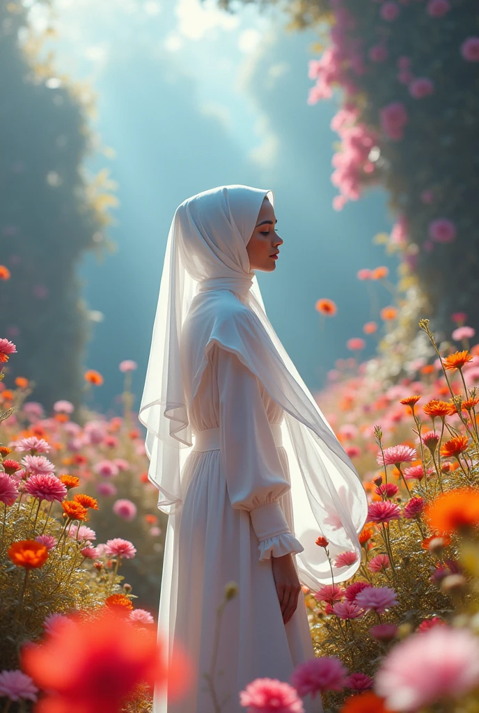 surreal fantasy photo:1.4, (vibrant:1.2), (whimsical:1.2), (dreamlike:1.2), high saturation, bright colors, ethereal lighting, dynamic movement, wide-angle, imaginative, otherworldly, colorful flora, flowing fabric, 24mm lens, f/4, fantastical, enchanting, a hijab woman in white, in a flowing white dress in a vibrant, fantasy-like environment