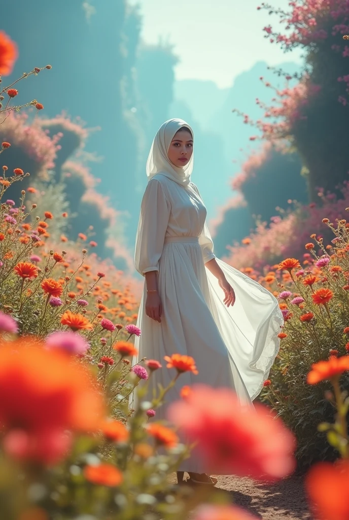 surreal fantasy photo:1.4, (vibrant:1.2), (whimsical:1.2), (dreamlike:1.2), high saturation, bright colors, ethereal lighting, dynamic movement, wide-angle, imaginative, otherworldly, colorful flora, flowing fabric, 24mm lens, f/4, fantastical, enchanting, a hijab woman in white, in a flowing white dress in a vibrant, fantasy-like environment