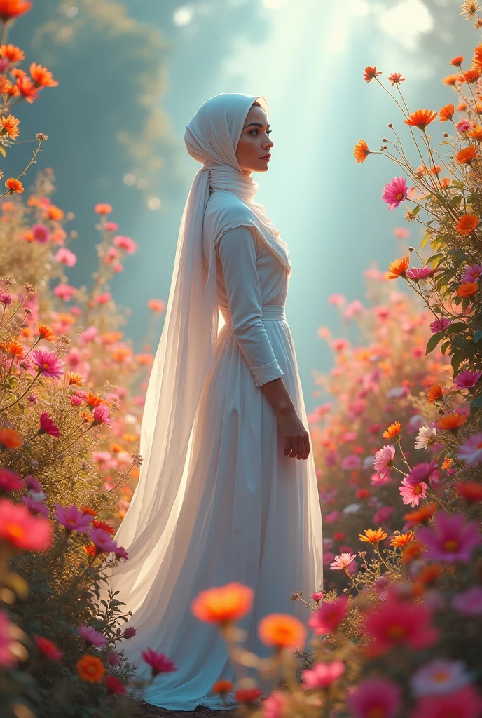 surreal fantasy photo:1.4, (vibrant:1.2), (whimsical:1.2), (dreamlike:1.2), high saturation, bright colors, ethereal lighting, dynamic movement, wide-angle, imaginative, otherworldly, colorful flora, flowing fabric, 24mm lens, f/4, fantastical, enchanting, a hijab woman in white, in a flowing white dress in a vibrant, fantasy-like environment