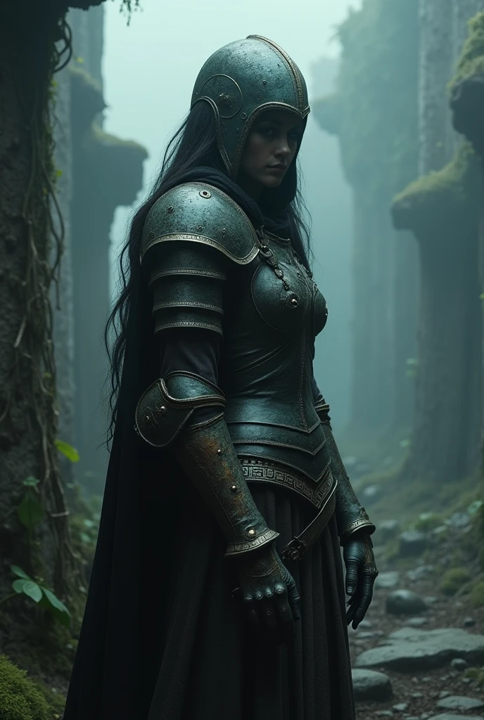 Dark souls style, she looked like Millicent, sad morena, with helmet, Christian