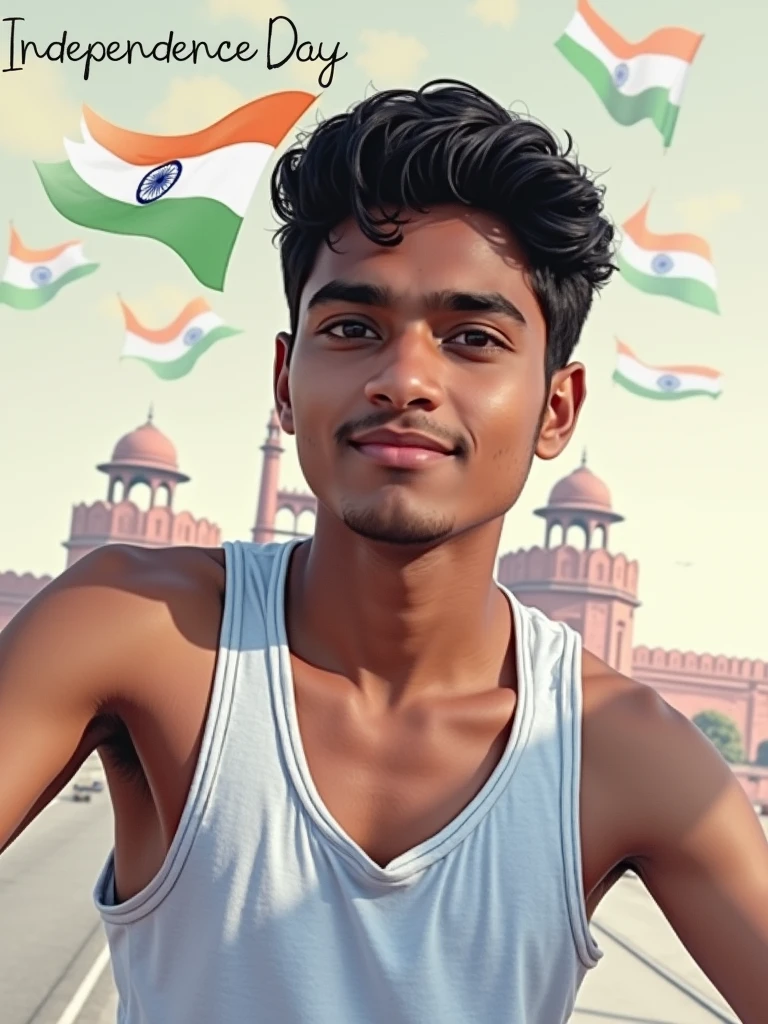 Generate a Realistic 20 years old boy, Wearing White T shirt blue jeans sneakers and the name "Vishal Maurya" is written on his sirt and the boy is standing on the road with holding a national flag of India, and behind him is the Red Fort Delhi. And written on sky "Independence Day" Create Realistic image high quality