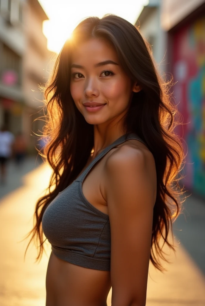 Woman, Brunetette, 23 year old, fleshy lips, Asian Style Eyes, athletic body, small breast and big ass