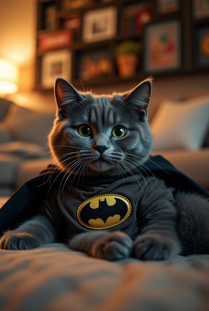 Make me a cat(animal) riven, lying down with batman clothes and mask